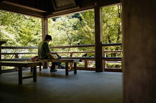 木造の東屋のベンチに座り、庭の緑を眺める人(イメージ写真)
